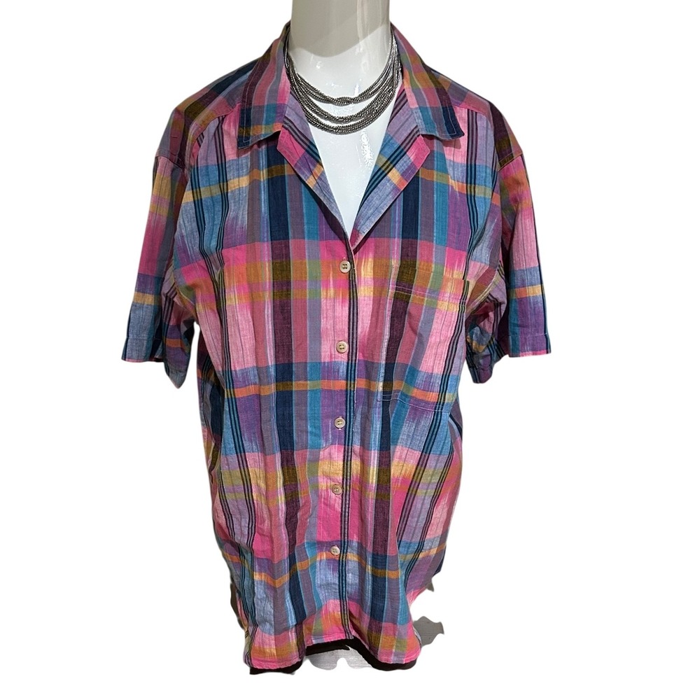 Vtg American Eagle 90s Lightweight Plaid Short Sleeve Shirt Classic Style Camp L